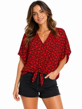 EUC Sim & Sam Size Large Red & Black Heart Patterned Women's Top